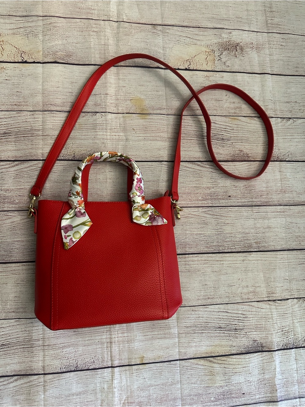 Estee Lauder Red Crossbody Bag with Floral-Print Wrapped Handles